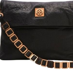 Tory Burch Louiisa Black Hobo Two Way To Wear Soft Leather W Gold Chain Strap